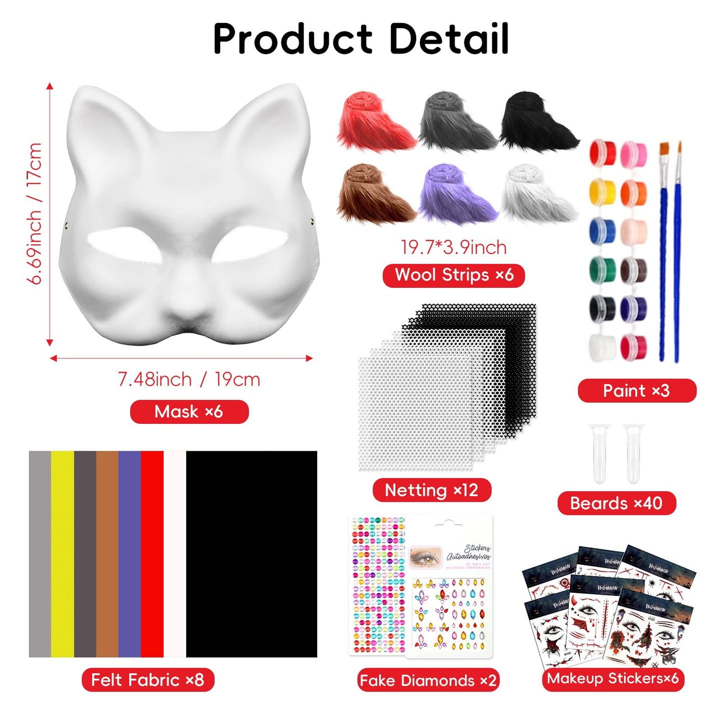 Blurap 83pcs Therian Mask Kit, Cat Mask Base Kit, DIY Furry Masks to Paint, Therian Mask Base Arts Crafts Cat Masks for Halloween Christmas Cosplay Party