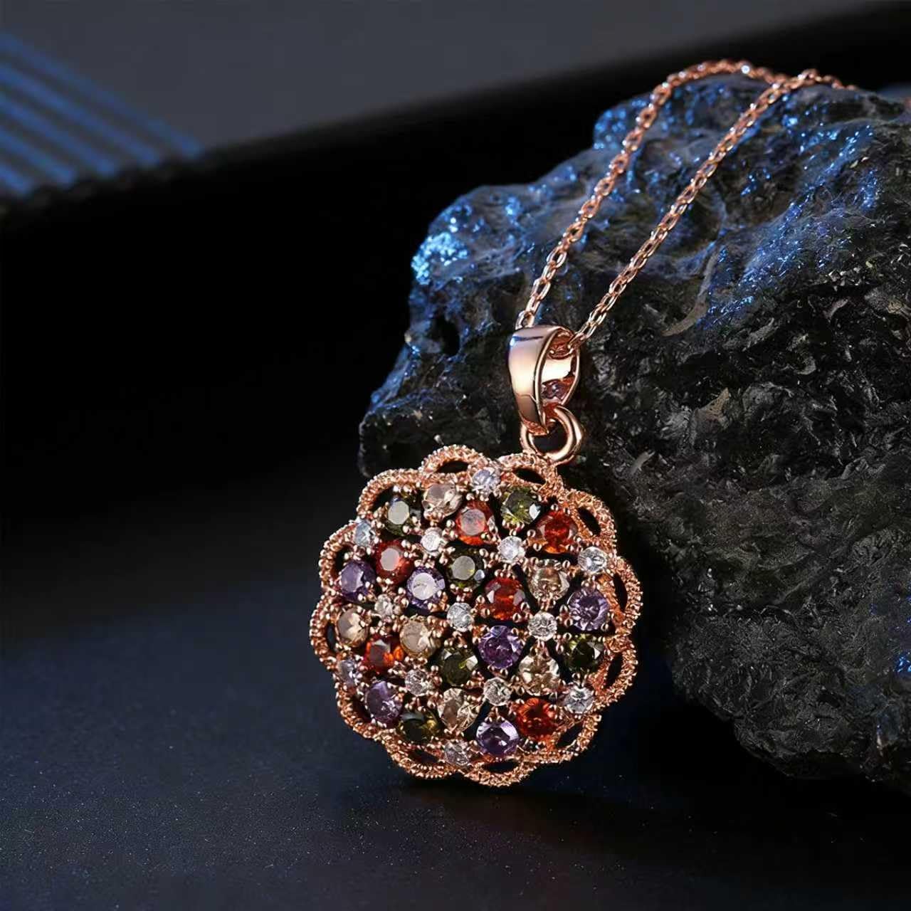 Kim Carrey Italian Elegant Rose Gold Necklace for Ladies | 18K Rose Gold Plated Necklace Pendant for Women | Gemstone necklace, Gift for Daughter, Wife, Mom, Her Jewelry (A bouquet of flowers)