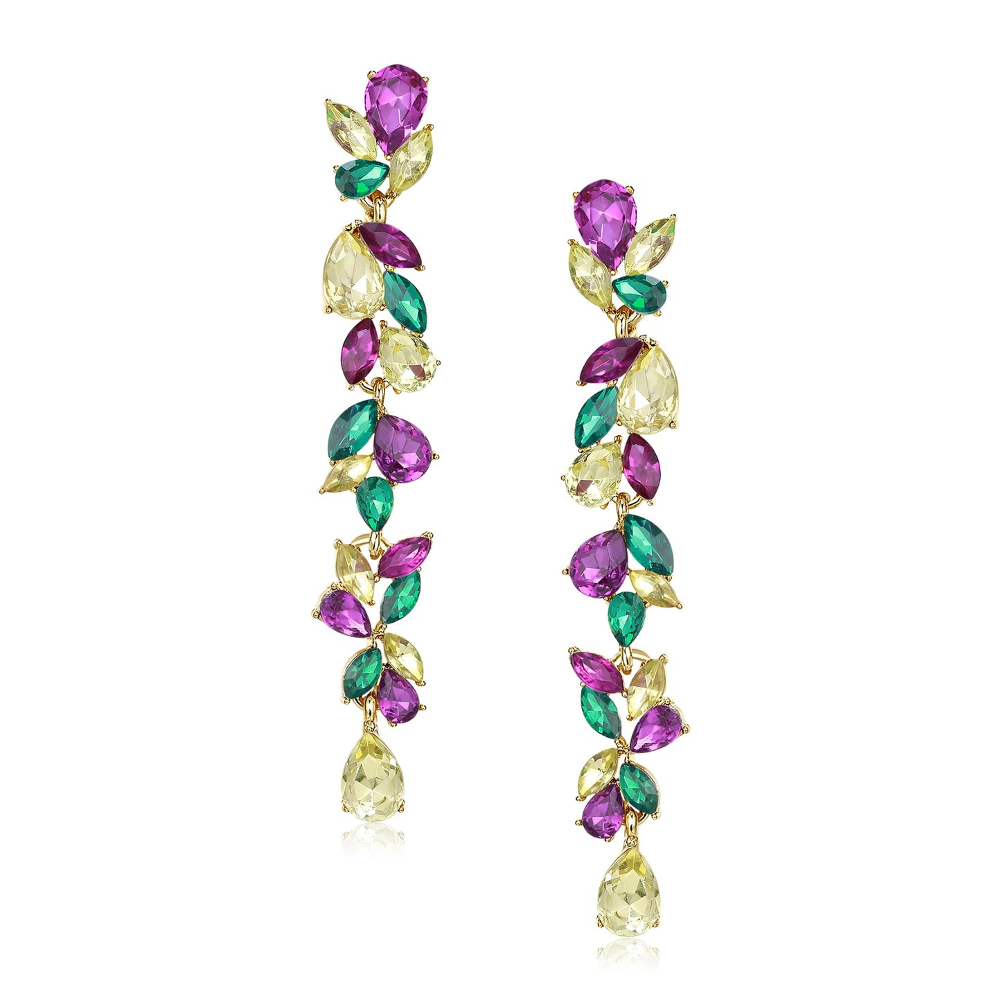 EVER FAITH Rhinestone Crystal Mardi Gras Chandelier Dangle Earring for Women, Cluster Marquise Teardrop Long Earrings for Carnival Holiday Party Purple Green Yellow