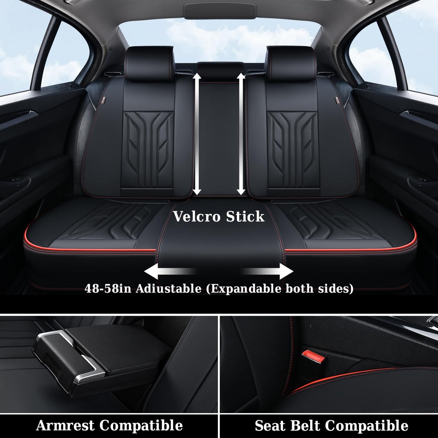 Coverado Seat Covers, Car Seat Covers Full Set, Leather Seat Covers for Cars, Automotive Seat Covers Car Seat Protector Car Accessories Fit for Most Sedans SUV Pick-up Truck(Black&Red)