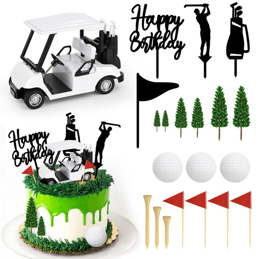 21 Pieces Golf Cake Decorations With Mini Cart, Ball, Green Tree, Clubs, Red Flag Cupcake Toppers for Sports Theme Birthday Party Decor Supplies