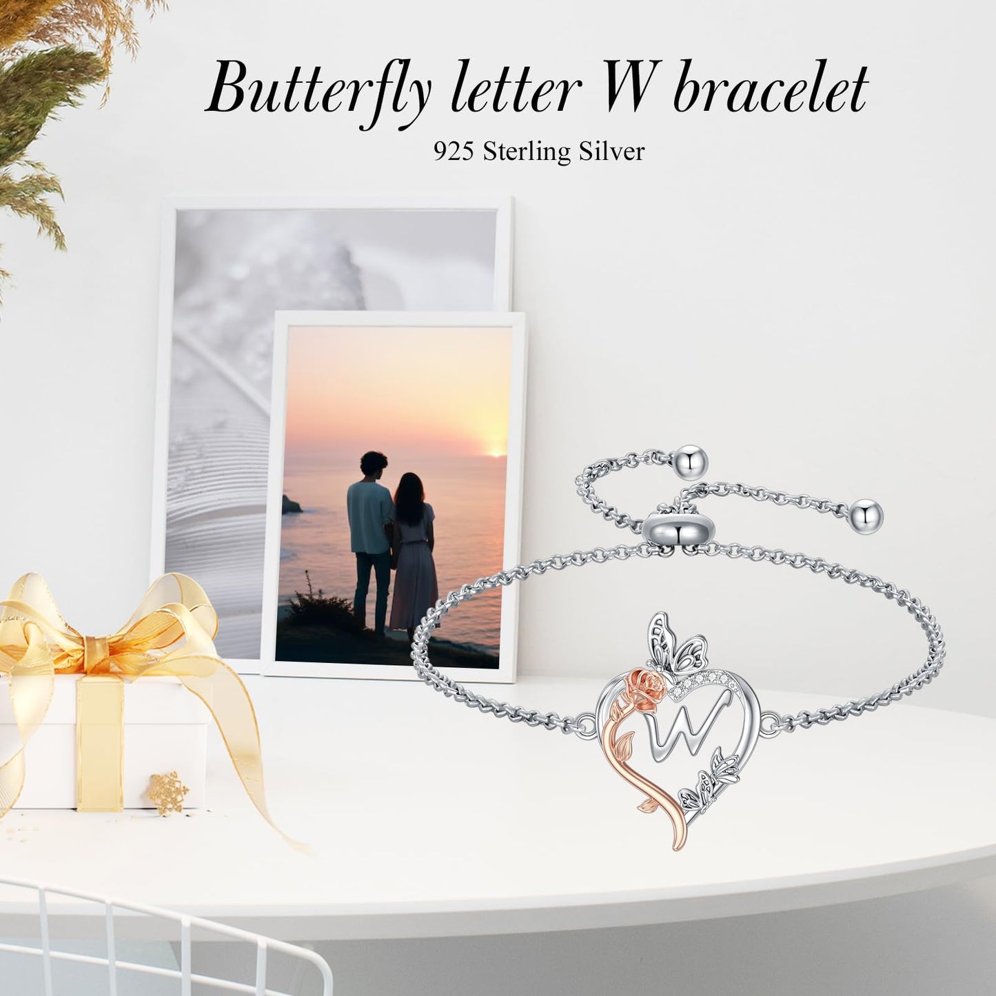 TOUPOP Rose Heart Bracelet for Women Sterling Silver Heart Initial W Letter Bracelet Butterfly Love Jewelry Anniversary Birthday Mothers Day Gifts for Mom Wife Her Girlfriend