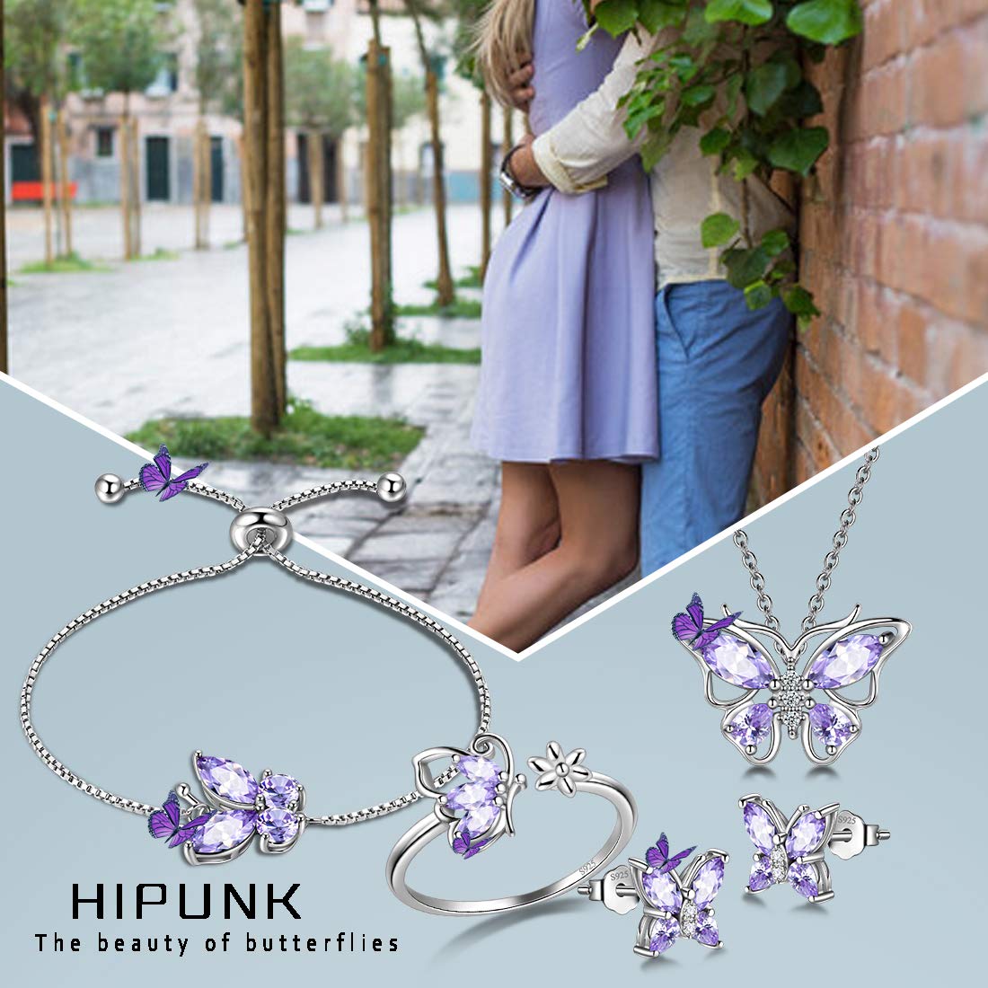Hipunk Butterfly Blue Jewelry Sets Birthstone Women 925 Sterling Silver June-Alexandrite Birth Stone Animal Butterflies Jewelry Sets/Earring/Ring/Bracelet Set Crystal Birthday Jewelry SS0003U
