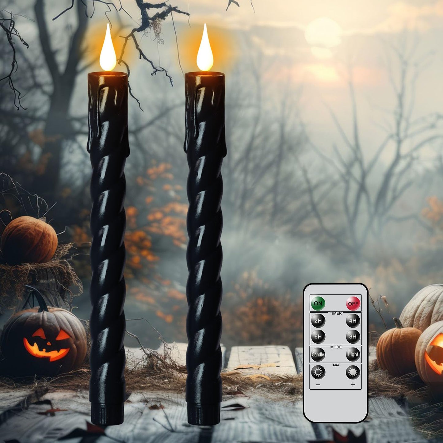 DRomance Flickering Flameless Taper Candles with Remote and Timer, 2 Pack Battery Operated LED Taper Candles 3D Wick Plastic Dripping Effect Dinner Halloween Indoor Decor(Black, 0.78" D x 9.65"" H)"