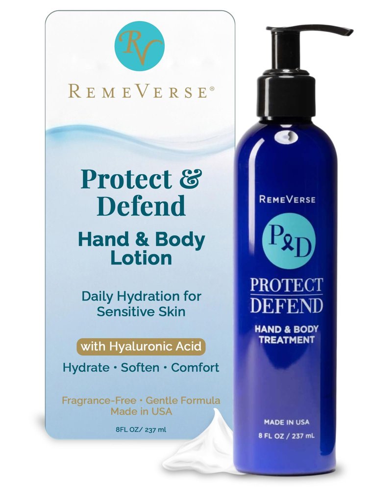 RemeVerse Protect & Defend Hand and Body Treatment Lotion - Moisturizer for Chemotherapy and Sensitive Skin - Hydrating and Nourishing Body Skin Care - Gentle & Fragrance-Free - Made in USA - 8 oz