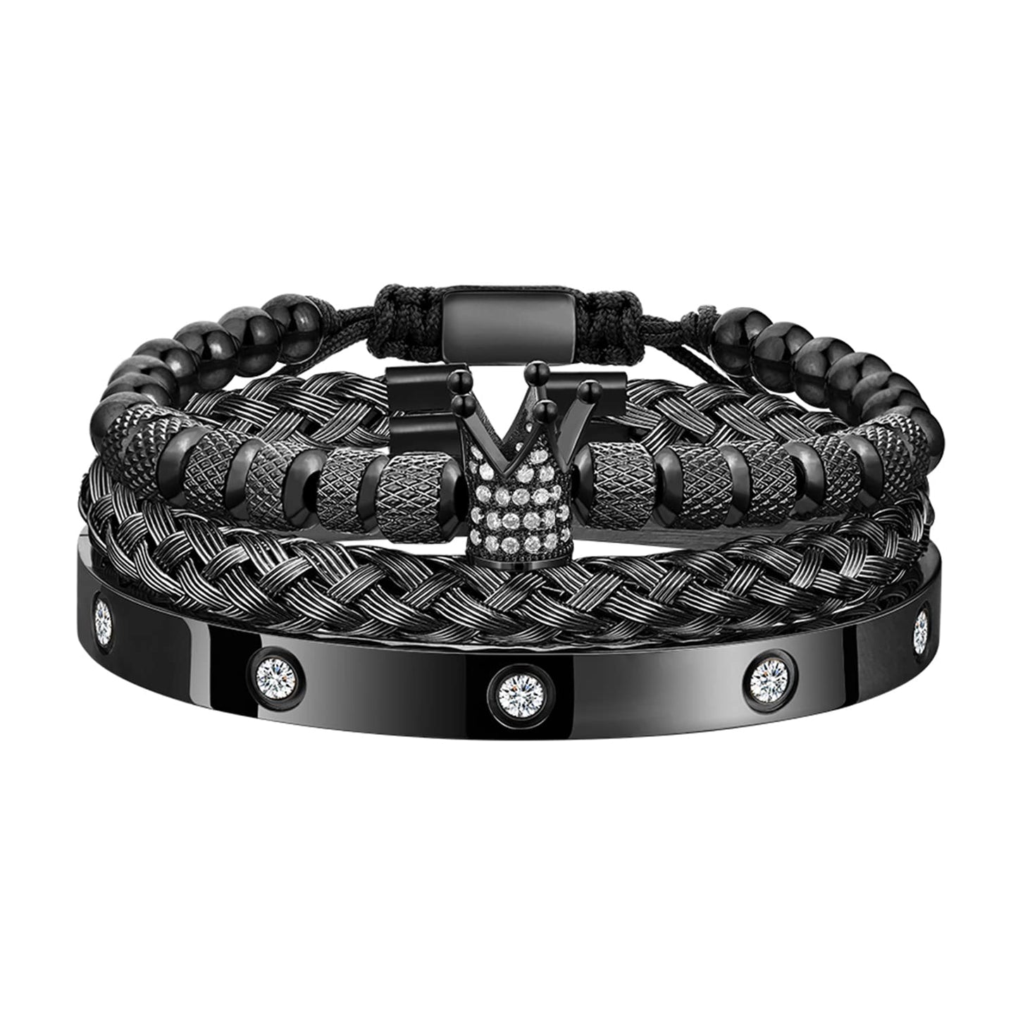 WFYOU 3PCS Stainless Steel Bracelets for Men Gold Roman Numeral Bangle Bracelet Twisted Cable Bracelet Adjustable Cuff Bracelet Mens Luxury Jewelry Bracelets Gifts(CZ Crown Black)