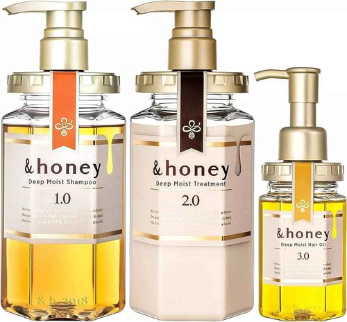 &-honey Deep Moist Shampoo ,Treatment & Hair Oil (Honey Super Moist set 3 Items bundle)+Free Hair Tie 440ml Each+100ml Hair oil Organic Hair and Scalp Care for Straight, Curly, Frizzy, and Dry hair