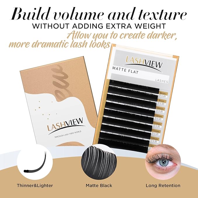 LASHVIEW Eyelash Extensions,Ellipse Flat Eyelash Extensions 0.20mm D Curl 11mm, Black,Individual Lashes,Semi-Permanent Extremely Soft Professional Salon Use