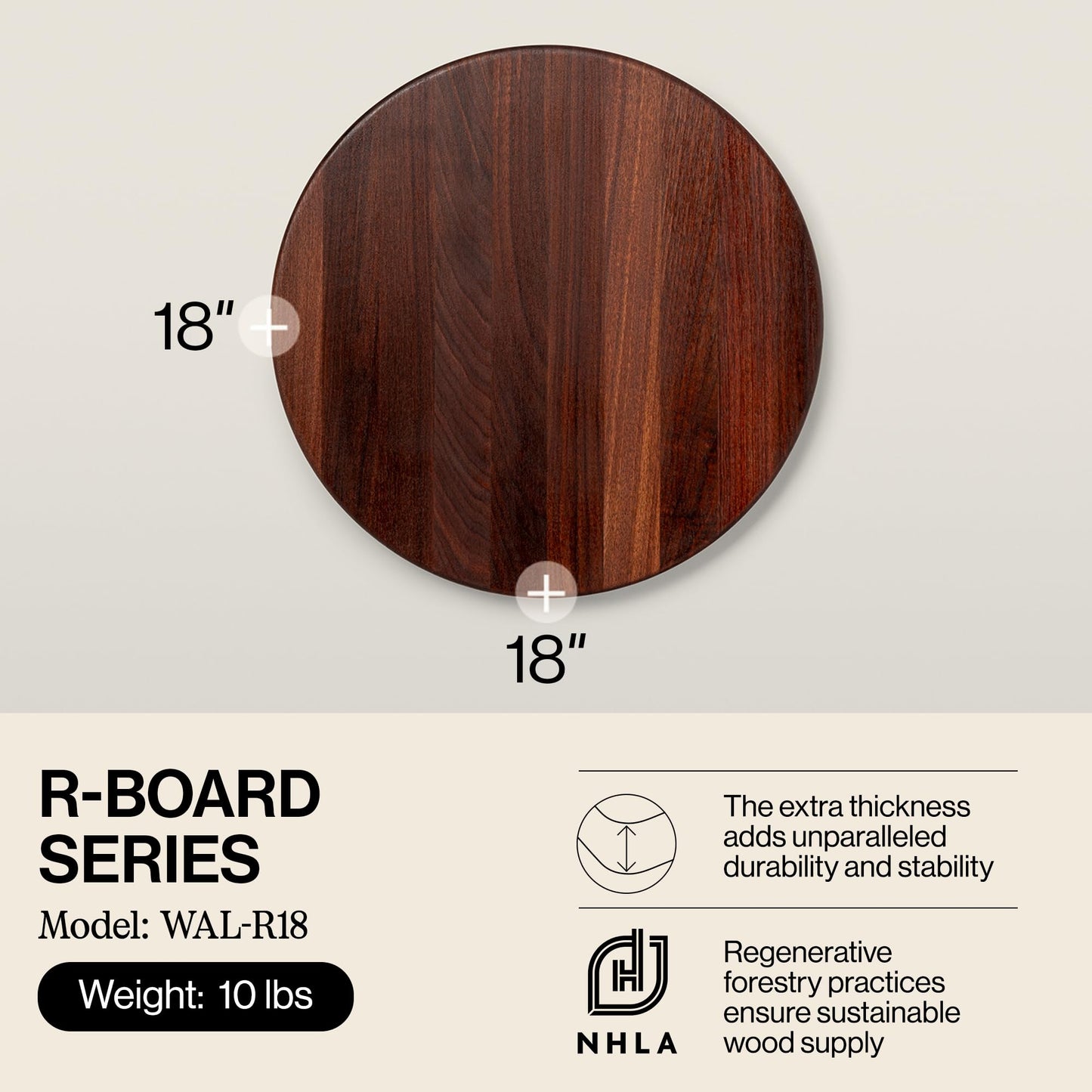 John Boos R-Board Series Round Wooden Walnut Cutting Board 18”x18” – 1.5” Thick, 9.5-lb Reversible Butcher Block with Edge-Grain – Made in the USA
