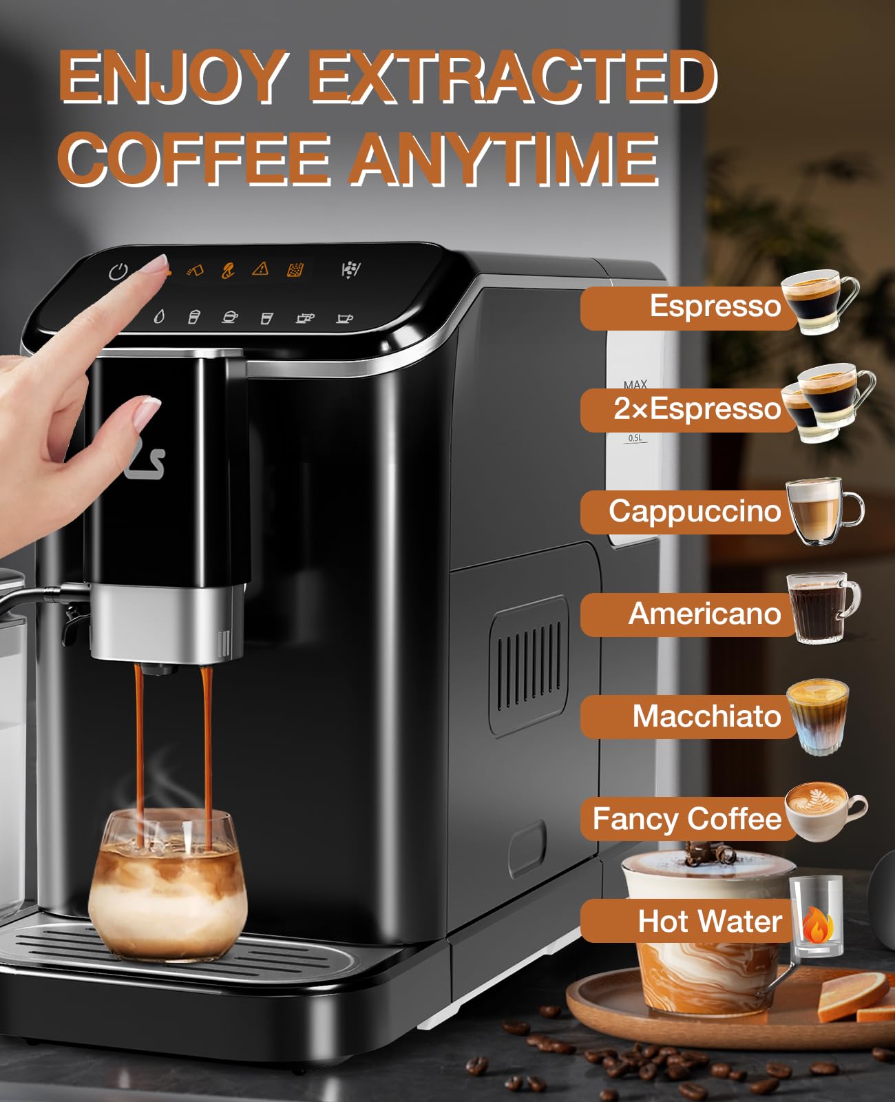 Zstar Fully Automatic Espresso Machine with Milk Frother, Professional Espresso Maker with Grinder, Auto-Cleaning, One-Touch Operation, 1.5L Water Tank for Latte, Cappuccino, Macchiato