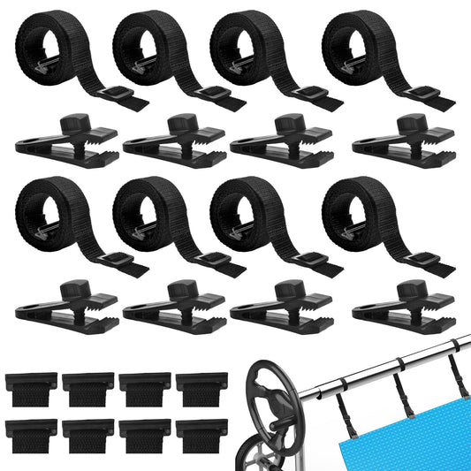 24 Pcs Pool Solar Cover Reel Attachment Kit, Solar Cover Reel Blanket Straps and Clips for Universal Inground Swimming Pool - Including 8 Adhesive Nylon Straps & Tabs, 8 Cord Plates, 8 Buckles