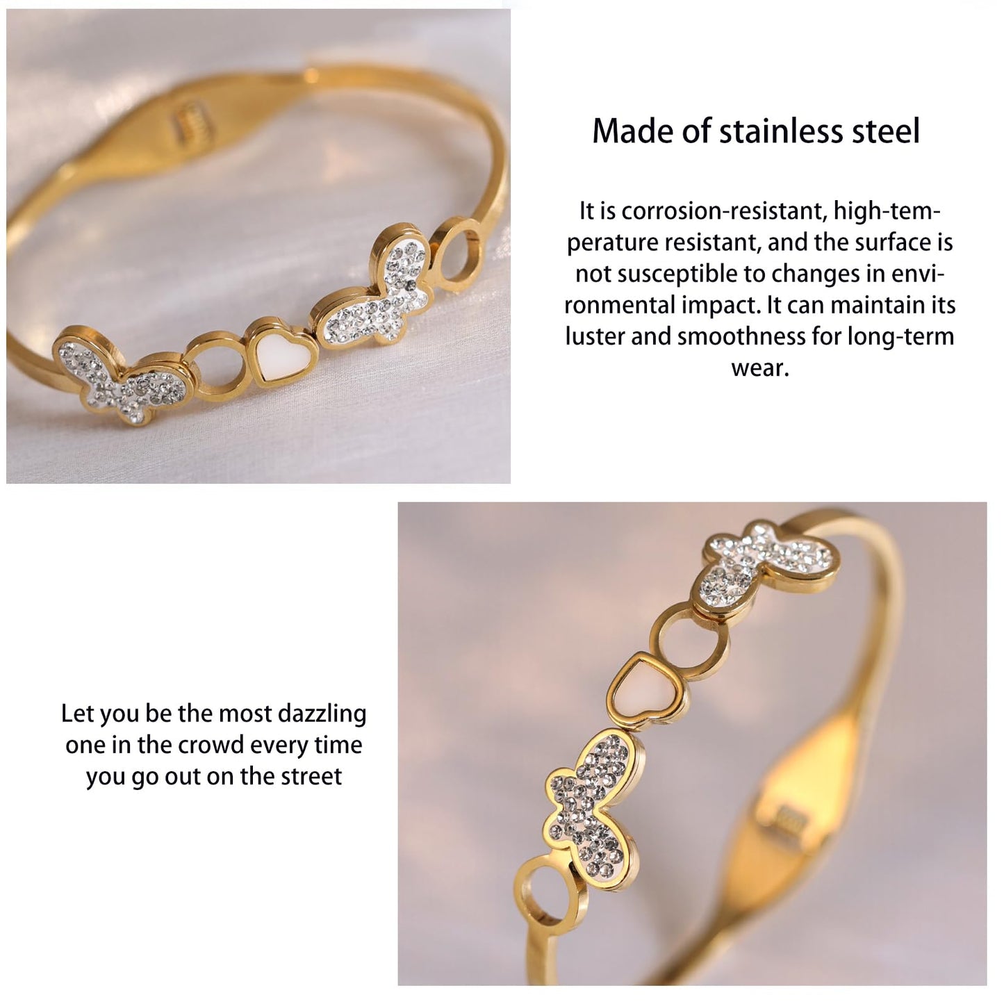 Vbvbip 18K Gold Plated 316L Stainless Steel Bracelet Collection - 12 Unique Designs + Matching Diamond-Accent Titanium Steel Petals Chain, Gift for Women