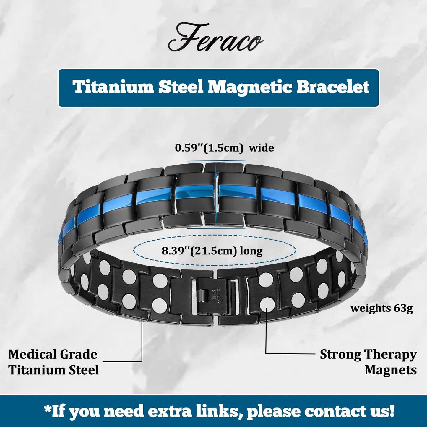 Feraco Magnetic Bracelets for Men Women Titanium Steel Double Row Strong Magnets Bracelet with Unique Blue Line, Adjustable Bracelet (Pack of 2)