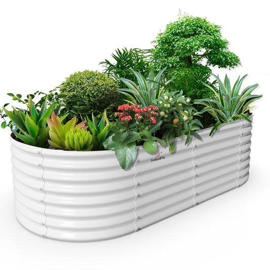 A ANLEOLIFE 8x4x2ft Galvanized Raised Garden Bed Kit, Oval Metal Deep Root Planters for Outdoor Plants Vegetables Flowers Herb, Large Bottomless, 478 Gallon Capacity- Antique White