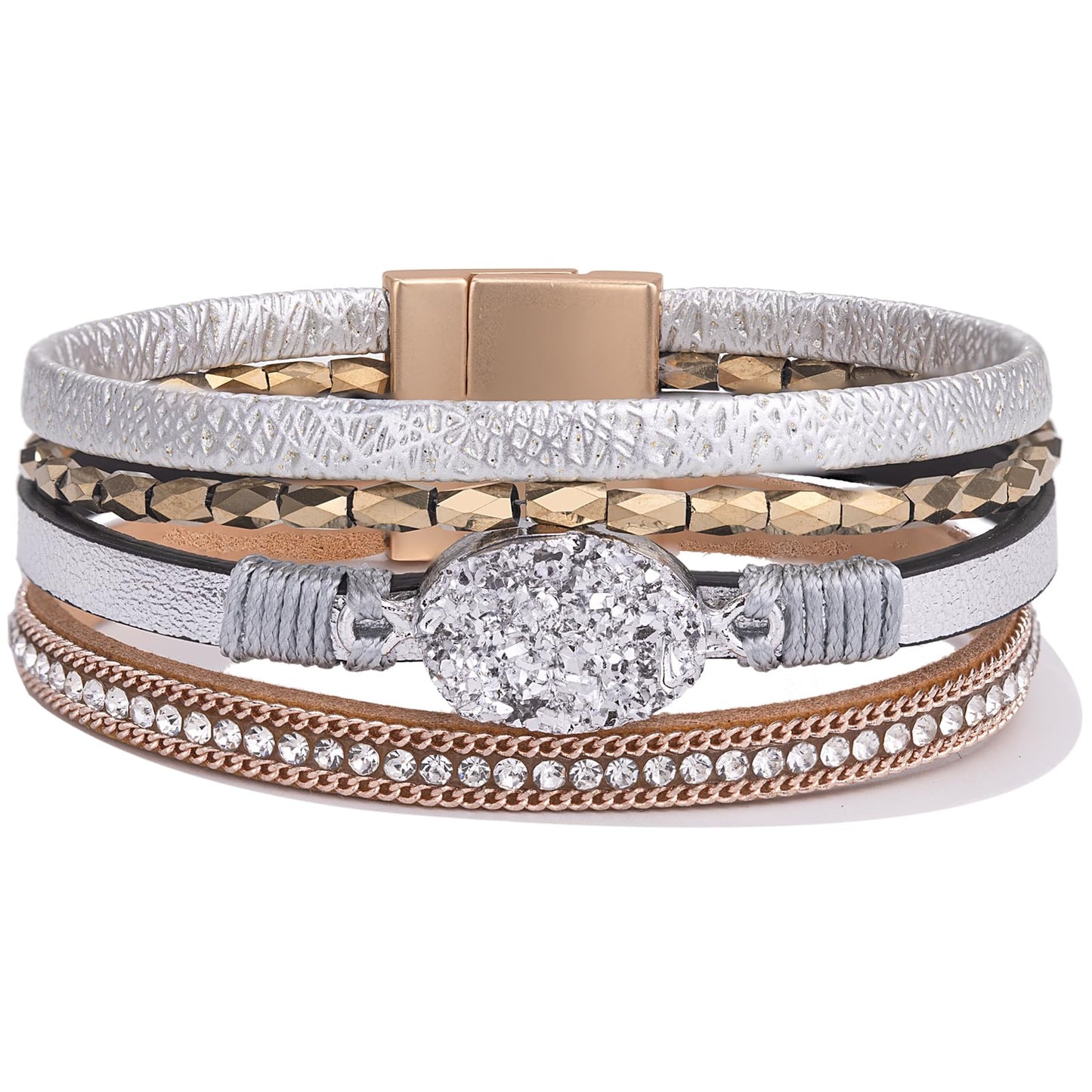 FANCY SHINY Boho Leather Wrap Bracelet Stackable Chunky Crystal Cuff Bracelets with Magnetic Clasp Cowboy Cowgirl Western Summer Beach Outfits Jewelry Gifts for Women (7.7", Silver/Gold)