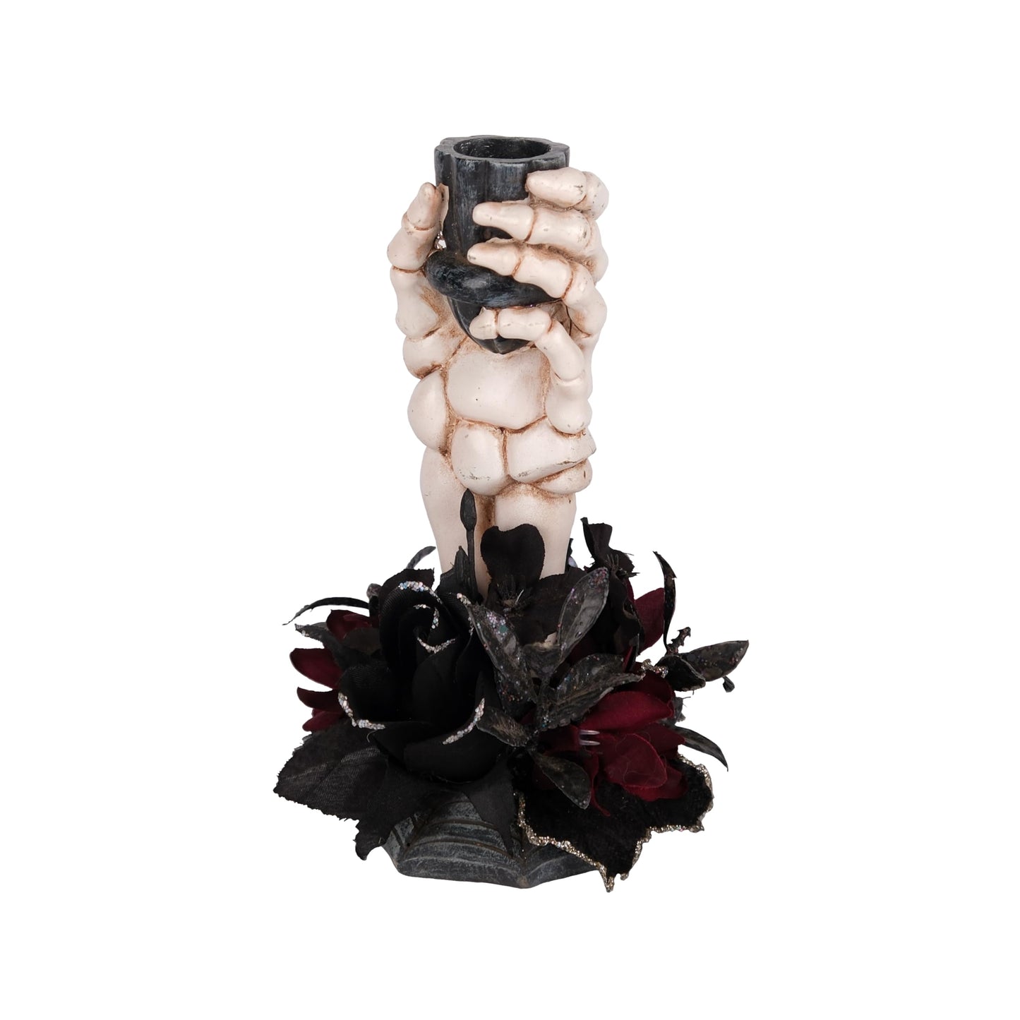 LushNook Halloween Candle Holder, Resin Skeleton Hand Candlestick with Black Faux Flower, Halloween Decor for Home Table, 7" Height"