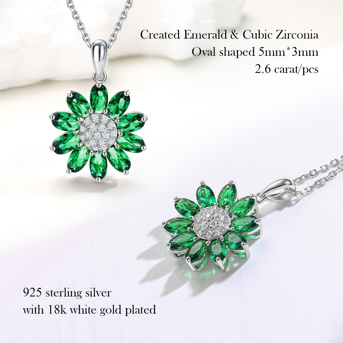 RANDES Emerald Sunflower Necklaces for Women Sterling Silver May Birthstone Necklace Dainty Green Stone Flower Pendant Necklace