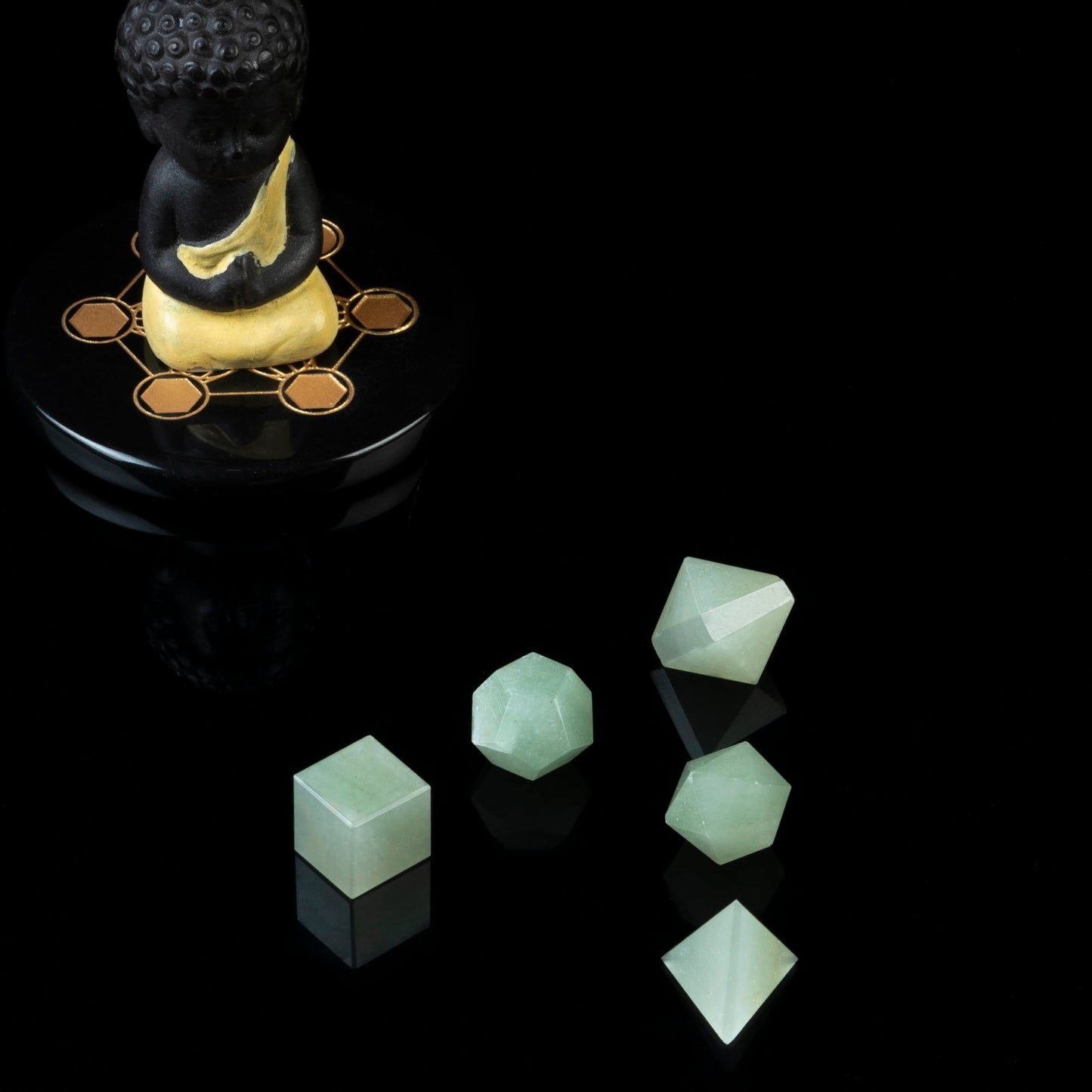 Green Jade Platonic Solids Sacred Geometry Crystal Set – 7 Pcs Carved Gemstone Shapes for Meditation, Reiki, Chakra Balancing Energy Healing | Spiritual Crystal Grid Stones Good Luck Gift (15–20 mm)