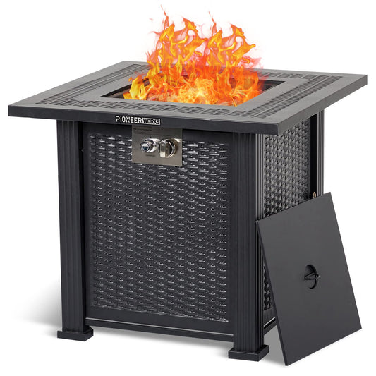 28 Inch Propane Fire Pit Table, PioneerWorks 50000BTU Rectangle Fire Table with Cover, Sturdy Steel and Iron Fence Surface, CSA Safety Certified, Companion for Your Garden