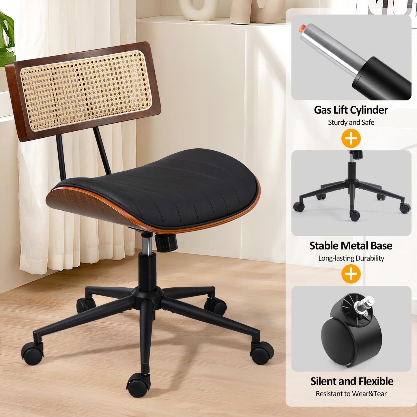 Newnno Home Office Chair with Wheels, Adjustable Height Desk Chair with Rattan Backrest, Leather Swivel Computer Chair, Armless Modern Walnut Chair for Office, Meeting Room, Black