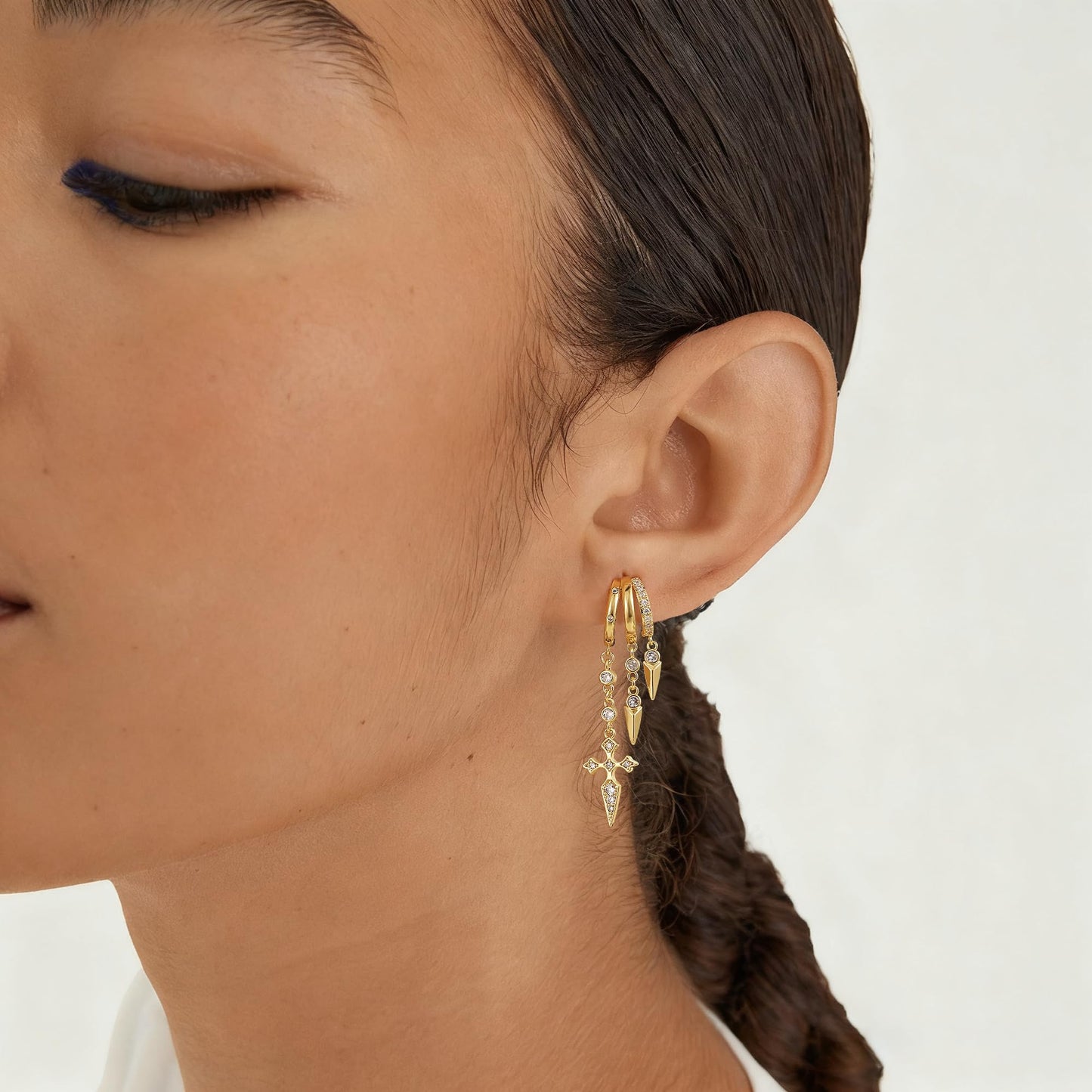 Freekiss Gold Cross Dangle Earrings for Women, 3 Hoop Illusion Huggie Drop Earring Set with Zircon, 14K Gold Plated Hypoallergenic Stud Earrings Gothic Jewelry for Women