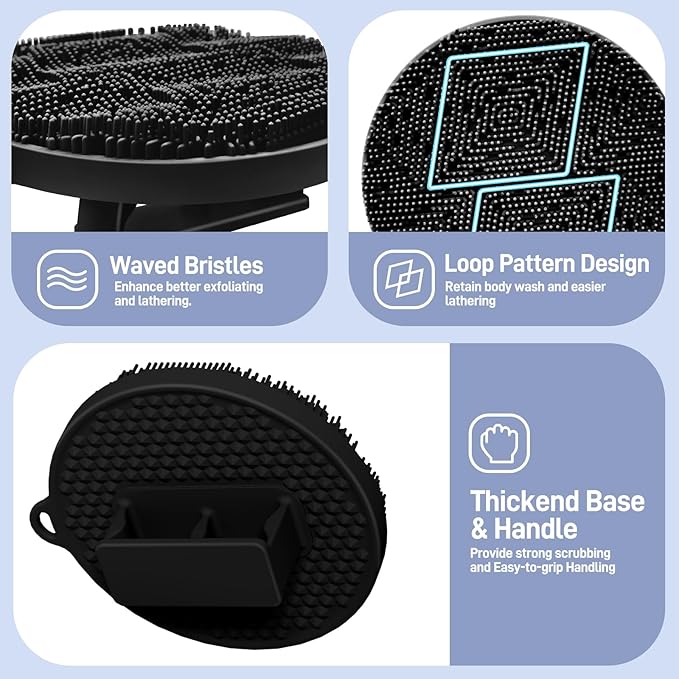 Silicone Face & Body Scrubber Set, Exfoliating Body Scrubber Face Scrubber with Dense Bristles & Non-Slip Handle, Gentle Silicone Loofah Face Brush for Good Lathering and Deep Cleansing(Black)