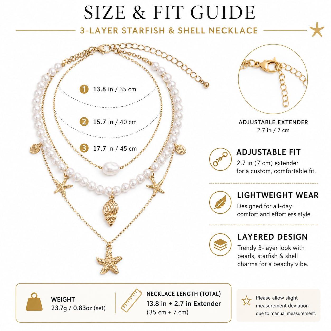 Shell Starfish Necklace for Women Gold Tone Layered Beach Jewelry Pearl Seashell Charm Adjustable Coastal Necklace for Summer Vacation Outfits Gifts