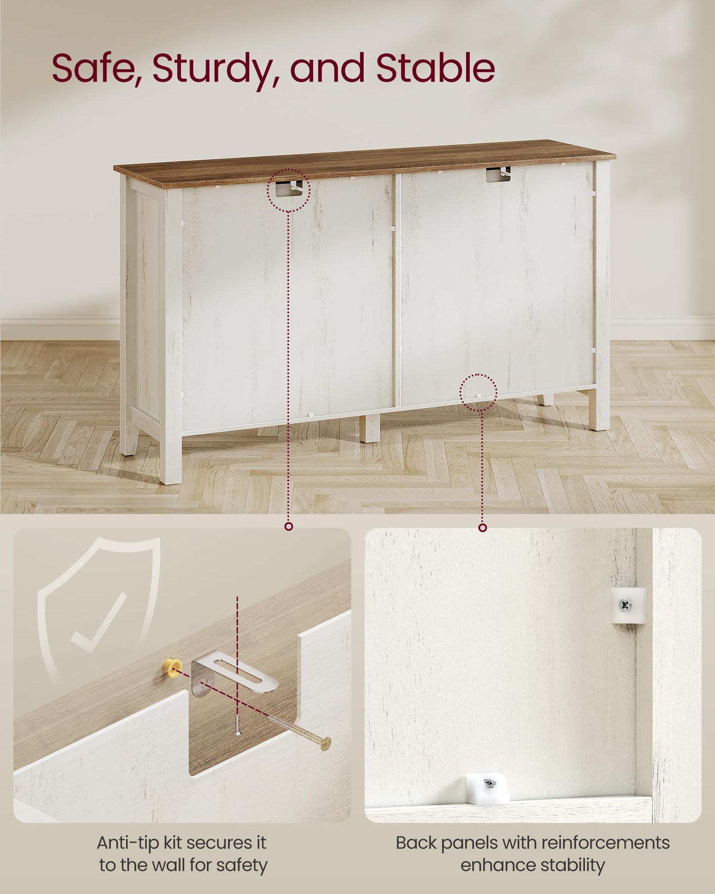 VASAGLE LIRY Collection - Buffet Cabinet, Coffee Bar Cabinet with 2 Drawers, Adjustable Shelves, Sideboard Storage with Cable Holes, Drawer Dividers, Rustic White and Honey Brown UBBK381W01