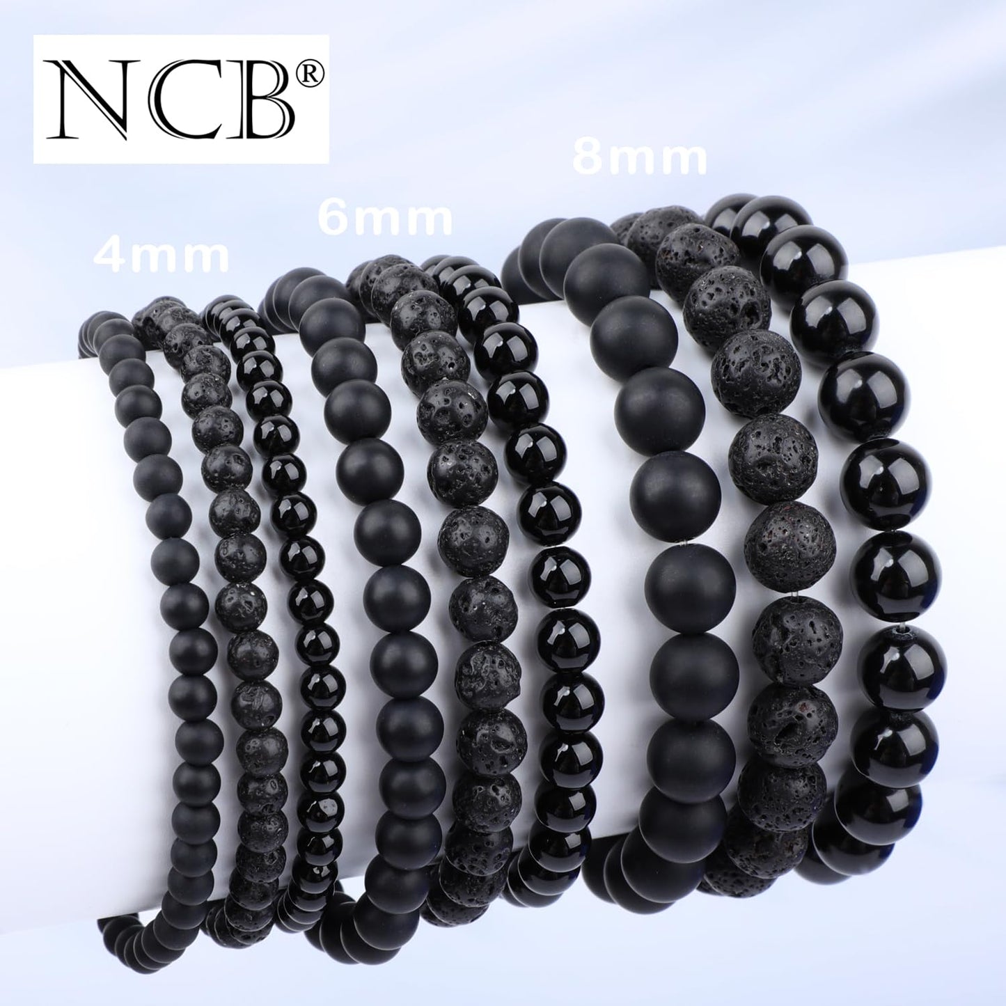 NCB 3-Piece 4mm Natural Crystal Gemstone Stretch Bracelets – ﻿Black Lava, Black Onyx, Matte Black Agate Handmade Reiki Energy Healing Jewelry for Meditation,Yoga, Unisex