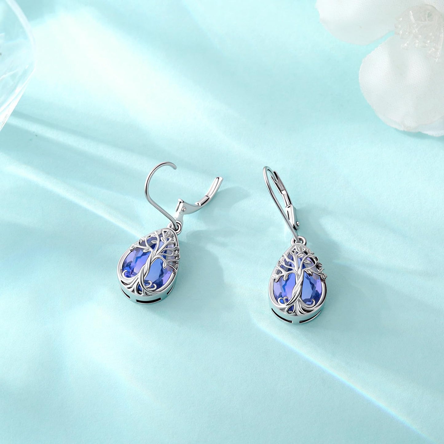 Eusense Tree of Life Dangle Earrings 925 Sterling Silver Jewelry Teardrop Dangle Tanzanite Earrings for Women Leverback Birthstone Jewelry Gift