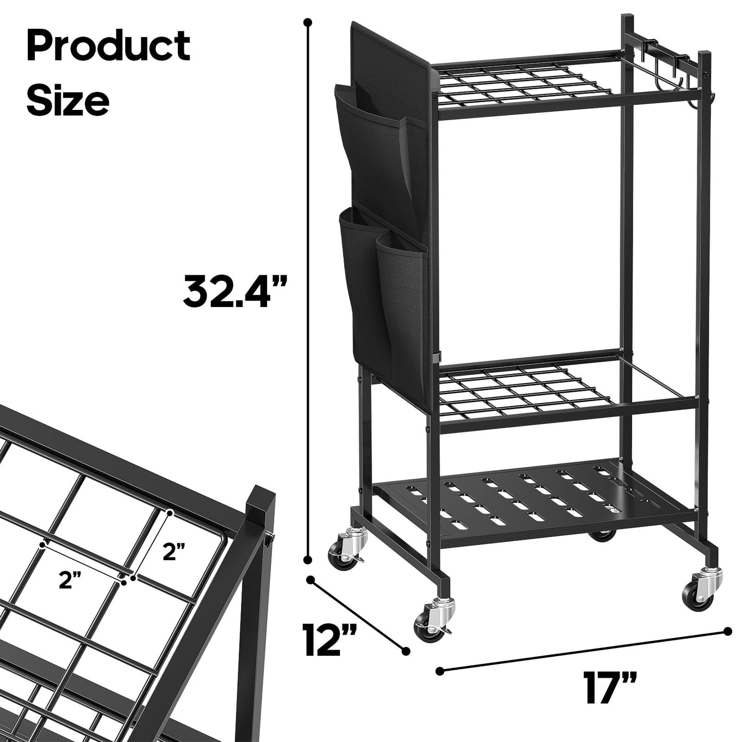 MWQ Garden Tool Organizer with Wheels, Rolling Yard Tool Tower Rack Carts for Garage Organization with Large Tool Bags with Pockets, Up to 35 Long-Handled Tools/Rakes/Brooms for Shed, Outdoor, Black
