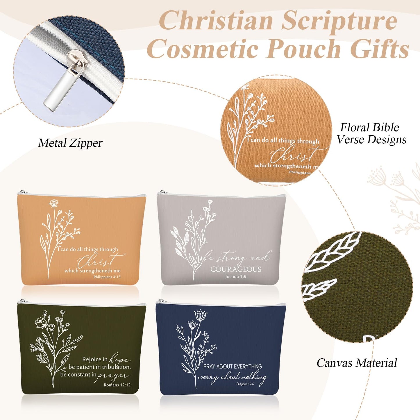 Fumete 4 Set Mothers Day Christian Gifts for Women 16oz Skinny Cup Religious Cosmetic Bag and Bible Verse Keychain Appreciation Church Gifts for Mom Grandma Teacher Dad(Classic Color,Floral)