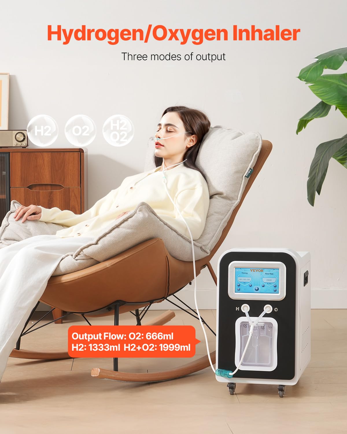 VEVOR Hydrogen Inhalation Machine, 99.99% High Purity Hydrogen Inhaler, HO-Separated 1800ml/min Dual Port Hydrogen Oxygen Inhaler, Hydrogen-Rich Water Generator with Wheels for Home Travel
