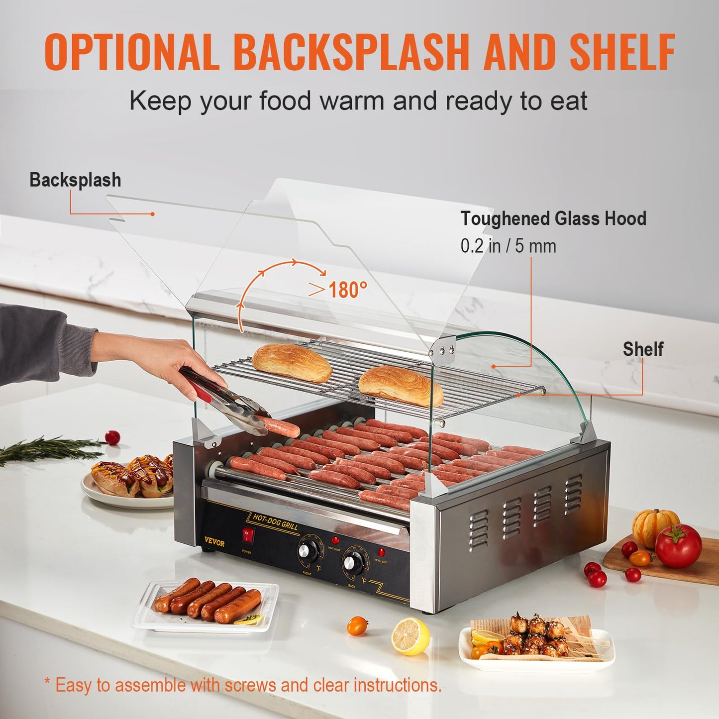 VEVOR Hot Dog Roller, 30 Hot Dog Capacity 11 Rollers, 1800W Stainless Steel Cook Warmer Machine w/Cover & Dual Temp Control, LED Light & Detachable Drip Tray, Sausage Grill Cooker for Kitchen Canteen