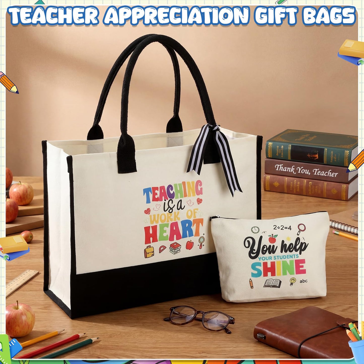 Capoda Teacher Appreciation Gifts for Women Bulk - 4 Set Large Canvas Teachers' Tote Bags with Makeup Bags Pouch Rainbow Inspirational Quotes, Thank You End of Year Daycare Teacher Staff Gifts Set