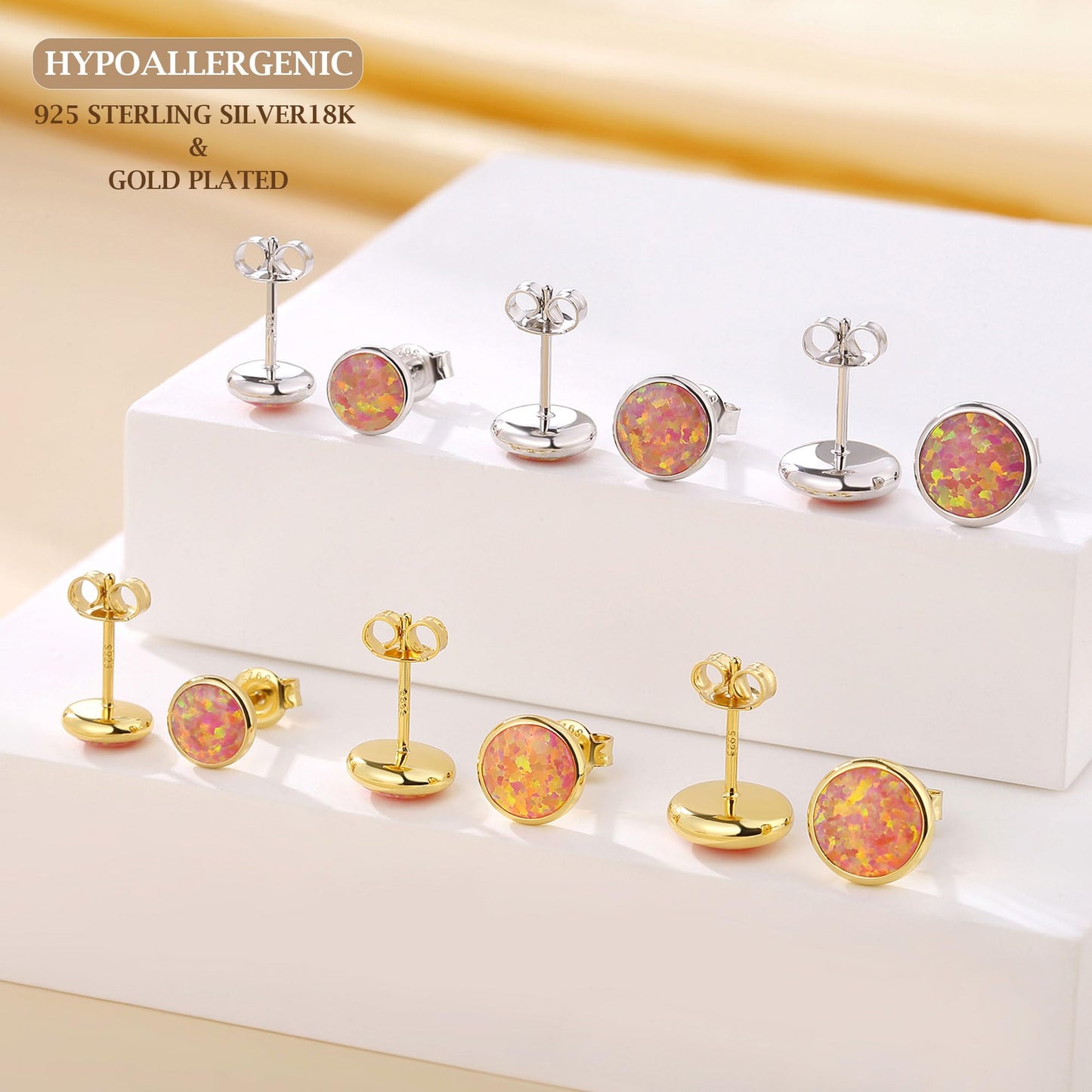 JiayangJY Silver Red Fire Opal Stud Earrings for Women 18K Yellow Gold Plated Sterling Silver Round Shape 6mm Opal Earrings with Push Back