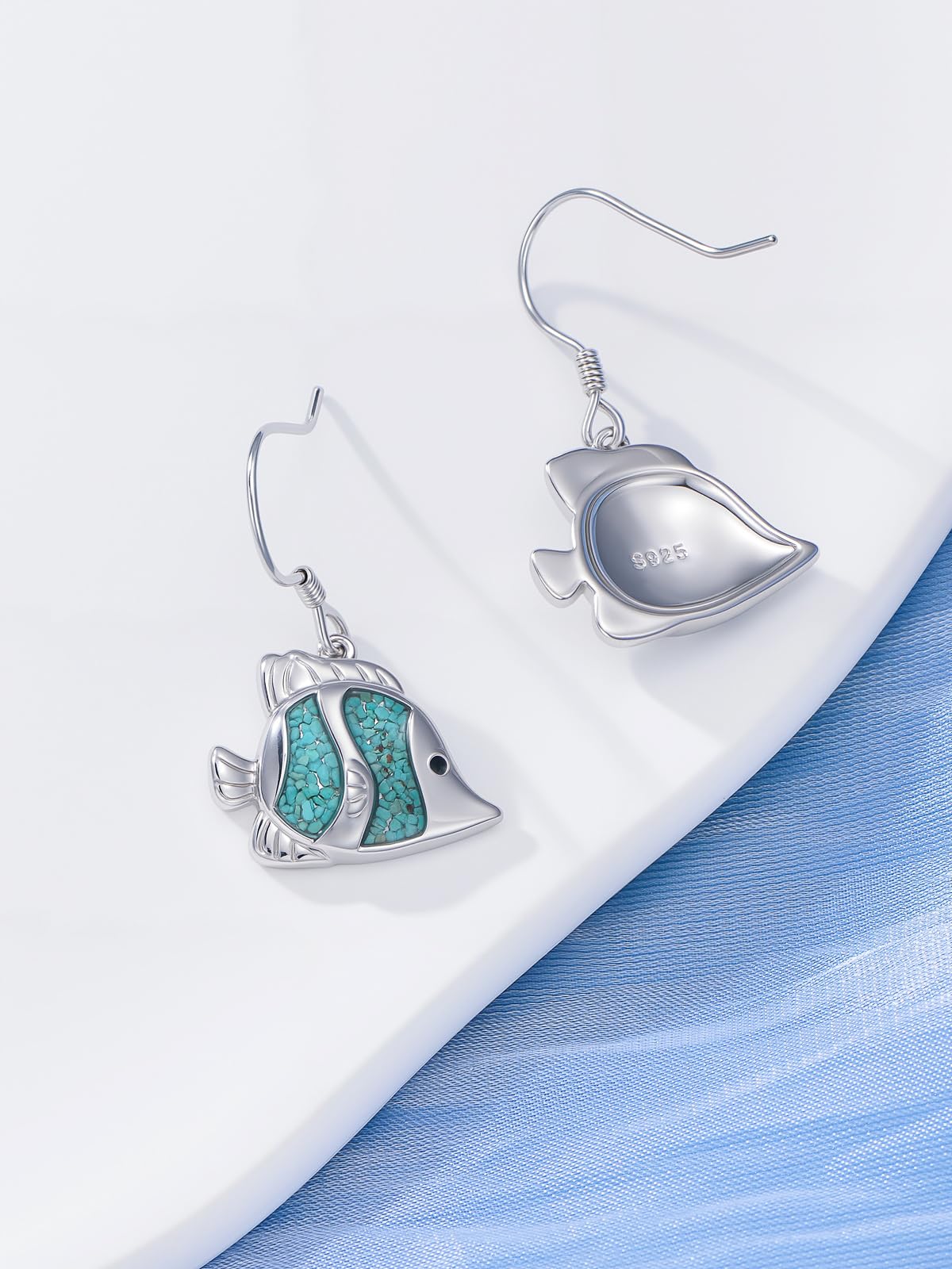 HPQQ Fish Earrings 925 Sterling Silver Turquoise Fish Dangle Earrings Ocean Beach Themed Jewelry Mother's Day Jewelry Gifts for Women