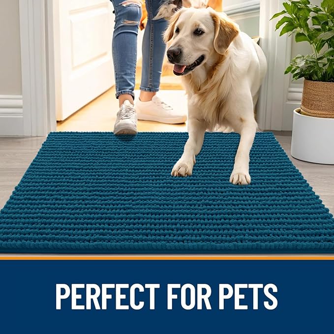 OLANLY Dog Door Mat for Muddy Paws 24x16, Ultra Absorbent Chenille Mud Doormat, Non-Slip Washable and Dirt Trapping Doormat for Indoor Entryway, Quick-Dry Indoor Pet Bed Mats for Dogs, Atlantic Blue