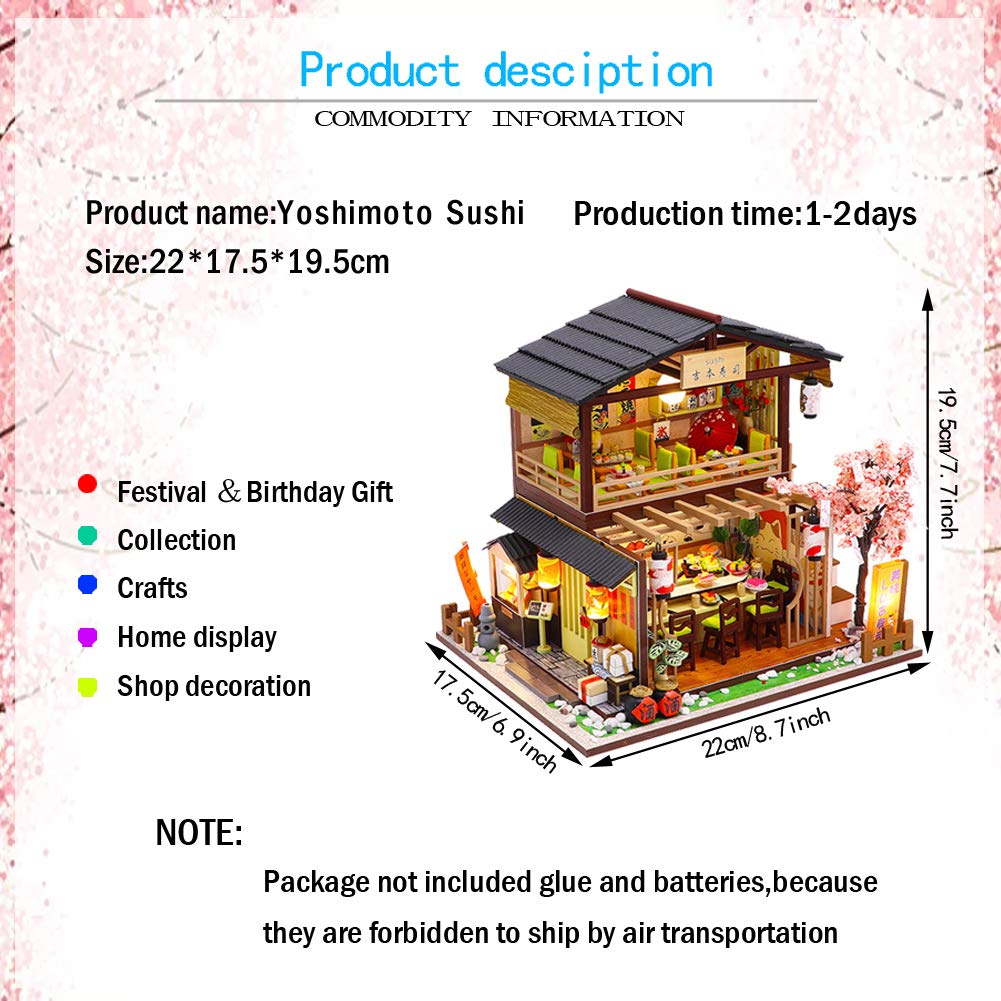 DIY Miniature Dollhouse Kit Japanese-Style Restaurant Wooden Miniature Doll House with Music and Dust Cover DIY Scene Architectural Model Toy Puzzle Fun Parent-Child Gift