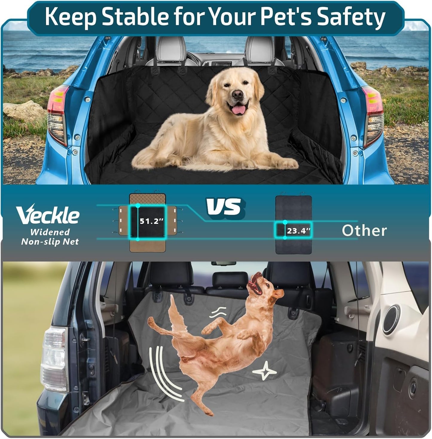 Veckle SUV Cargo Liner for Dogs with Side Flaps, Large (54" x 93") Water Resistant Trunk Cover, Non-Slip Pet Area Protector with Bumper Flap, Universal Fit for SUVs Sedans Vans, Black