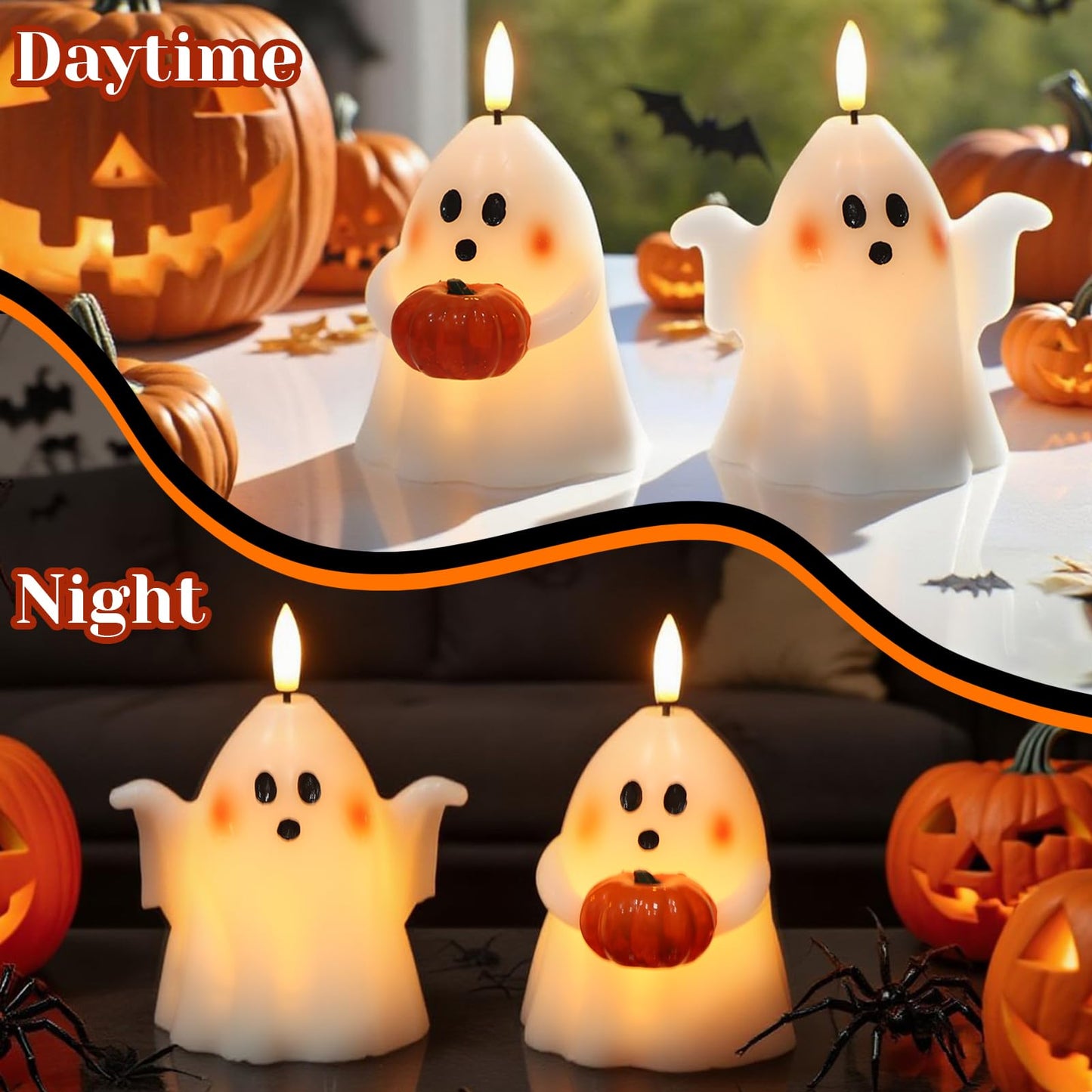 Eldnacele Spooky Ghost Halloween Flameless Candles with Timer Set of 2 Battery Operated LED Pillar Candles Ghost Light Real Wax 3D Wick Flickering Long Lasting Home Indoor Decor(3.5" D x5 H)"