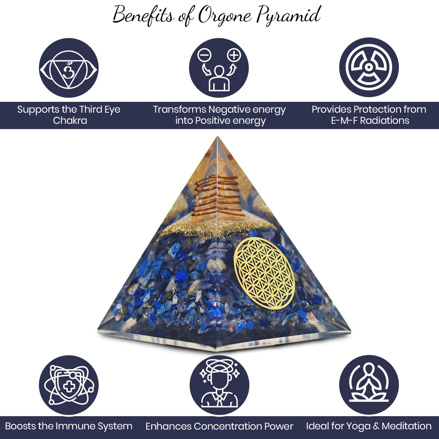 Real Crystal Lapis Lazuli Orgonite Pyramid, Healing Crystal Pyramid, Pyramid Crystal Gemstone Pyramid for Meditation, Motivation, Positivity - Handmade in India