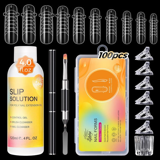GELLAKTIK 100Pcs Nail Forms Kit, 10 Sizes Reusable Dual nail Forms for Poly Gel & Builder Gel, 120ml Slip Solution Liquid, 6 Clips, Dual-Ended Brush, Nail Art Cup, DIY Pedicure Kit for Beginners