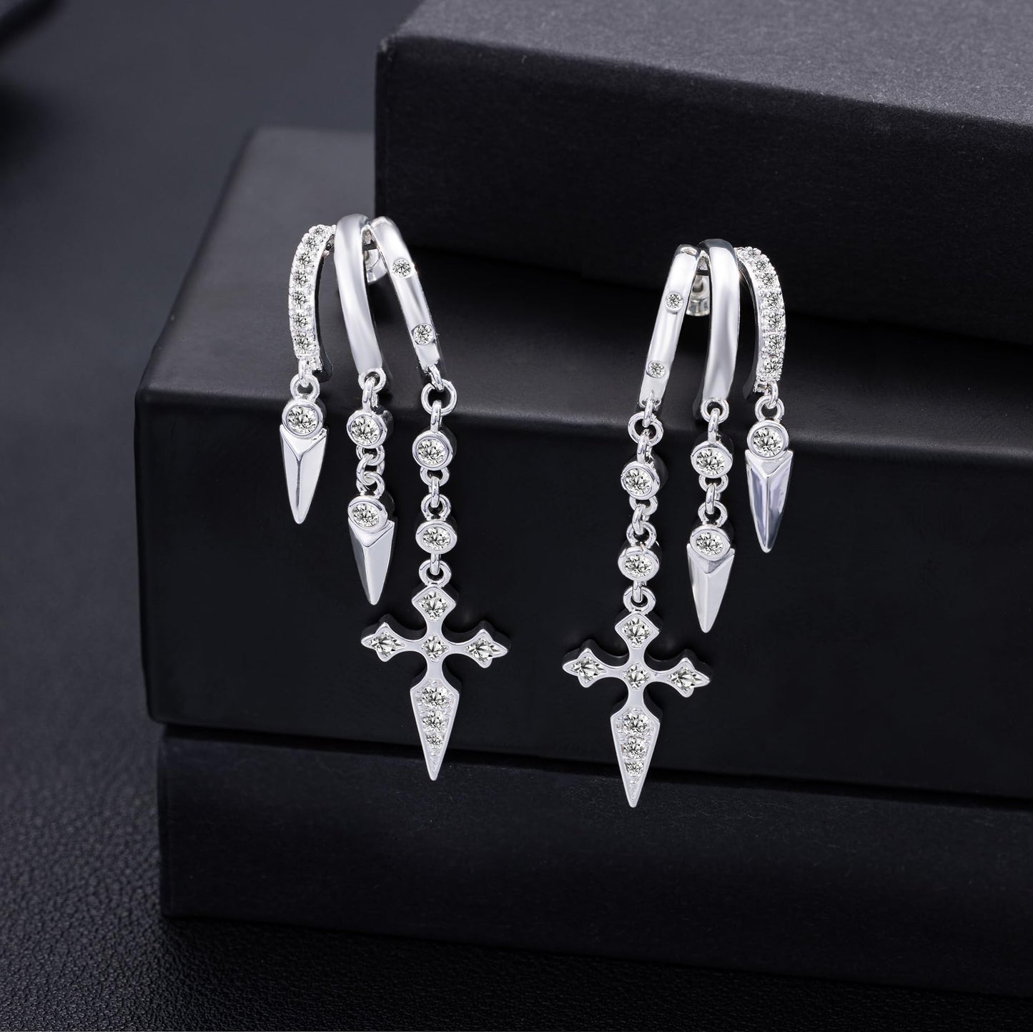 Freekiss Sterling Silver Cross Dangle Earrings for Women, 3 Hoop Illusion Huggie Drop Earring Set with Zircon, Silver Plated Hypoallergenic Stud Earrings Gothic Jewelry for Women