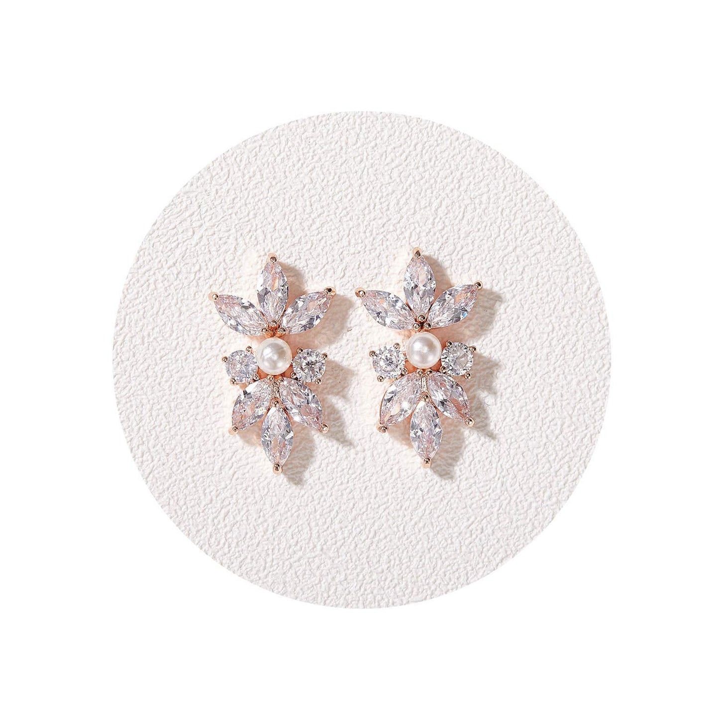 SWEETV Marquise Cubic Zirconia Wedding Bridal Stud Earrings for Brides Bridesmaids, Rose Gold Plated Crystal Pearl Rhinestone Stud Earrings for Women Prom Party Jewelry Gifts