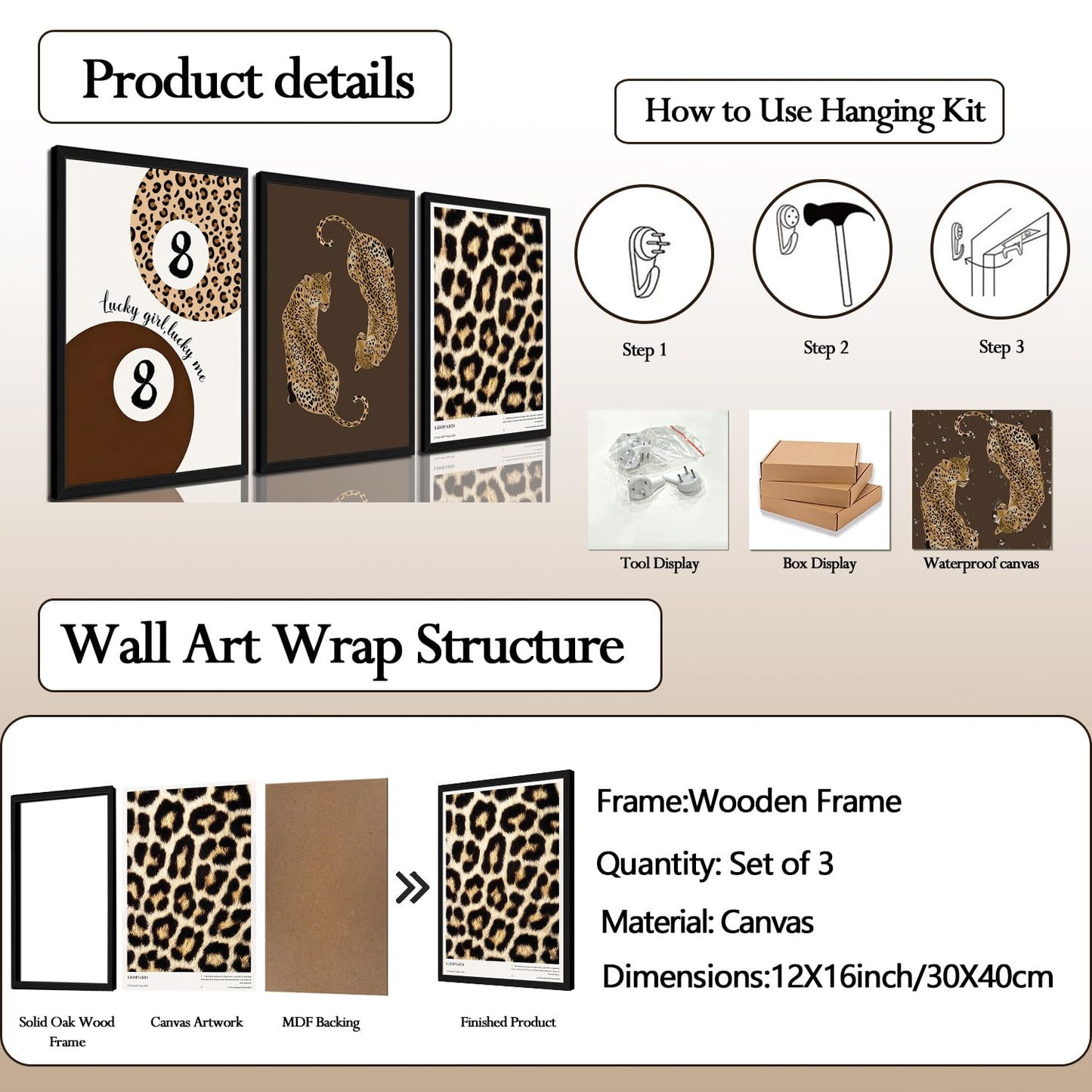 Framed Leopard Wall Art Set of 3, Preppy Cheetah and Lucky 8 Ball Canvas Prints, Trendy Y2K Girly Wall Decor for Teen Girls Bedroom, Bathroom, Dorm, Living Room, 12x16 Inch