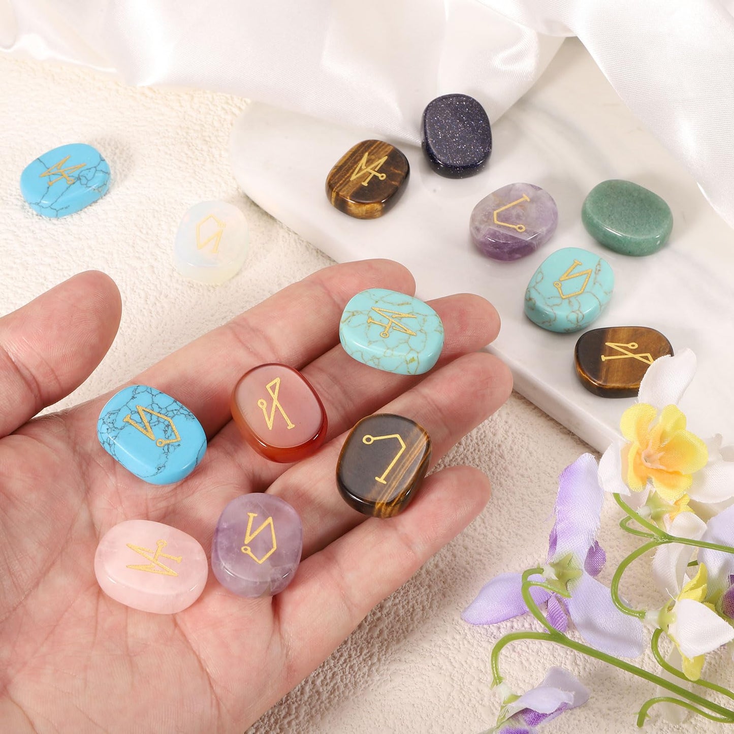 MECCANIXITY 4Pcs Engraved Chakra Stones with Reiki Symbols, Turquoise Reiki Healing Crystal Gemstone 7 Chakra Crystal Stones Tumbled Palm Stone for Anxiety Relieve