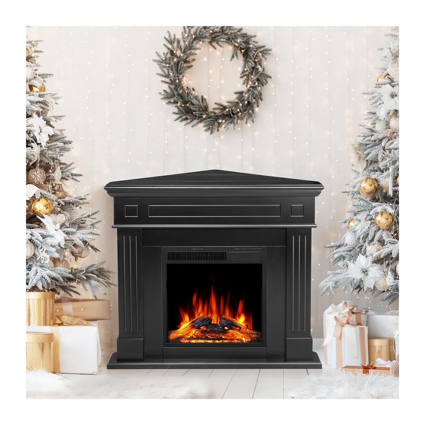 43.31 Inch Corner Fireplace TV Stand with Mantel - Electric Fireplace Heater, Wooden Entertainment Center, Adjustable LED Flame, Freestanding (750W/1500W),Corner Black