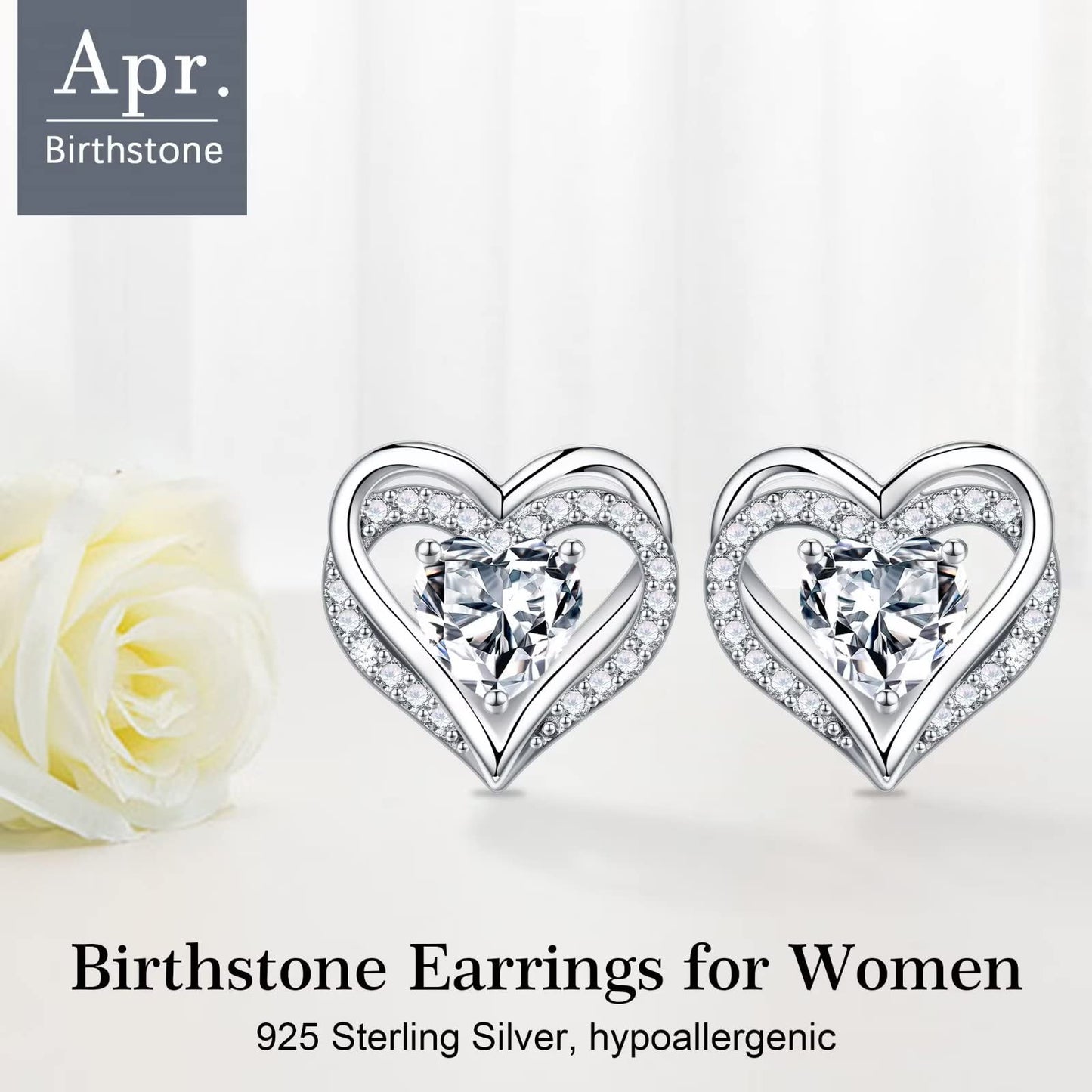 Iefil Earrings for Women, 925 Sterling Silver April Birthstone White Topaz Heart Stud Earrings for Women