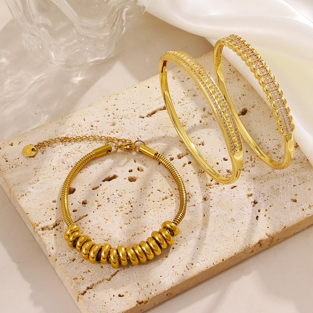 hotoo Gold Stackable Bangle Bracelets For Women 18K Gold Plated Beads Chain Bracelets Stainless Steel Bangle Bracelets Set Cubic Zirconia For Birthday Christmas Trendy Jewelry Gifts,3PCS